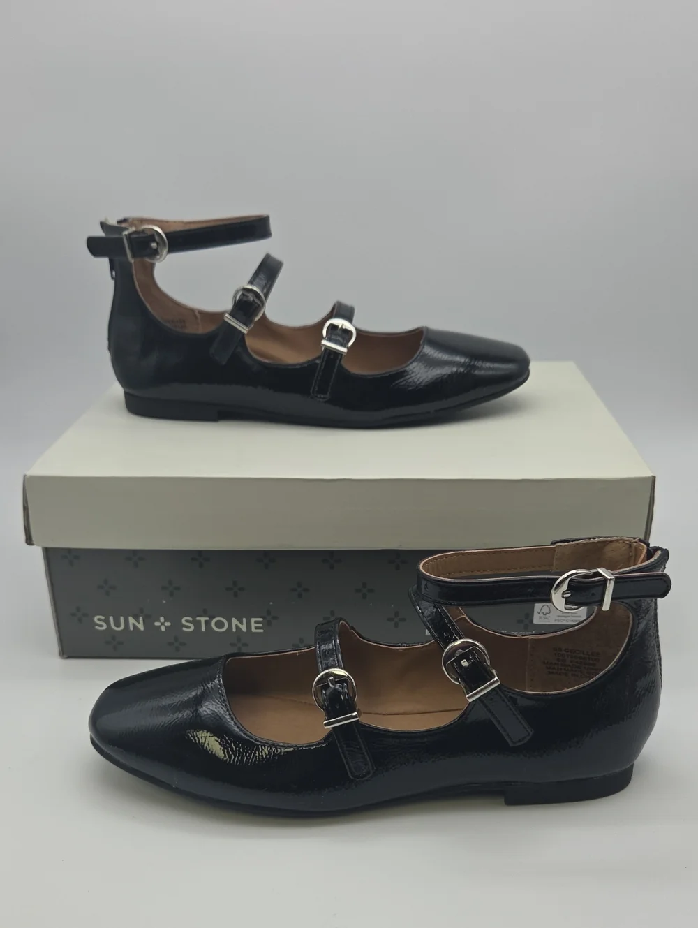 Sun + Stone Black Patent Triple-Strap Ankle Flats